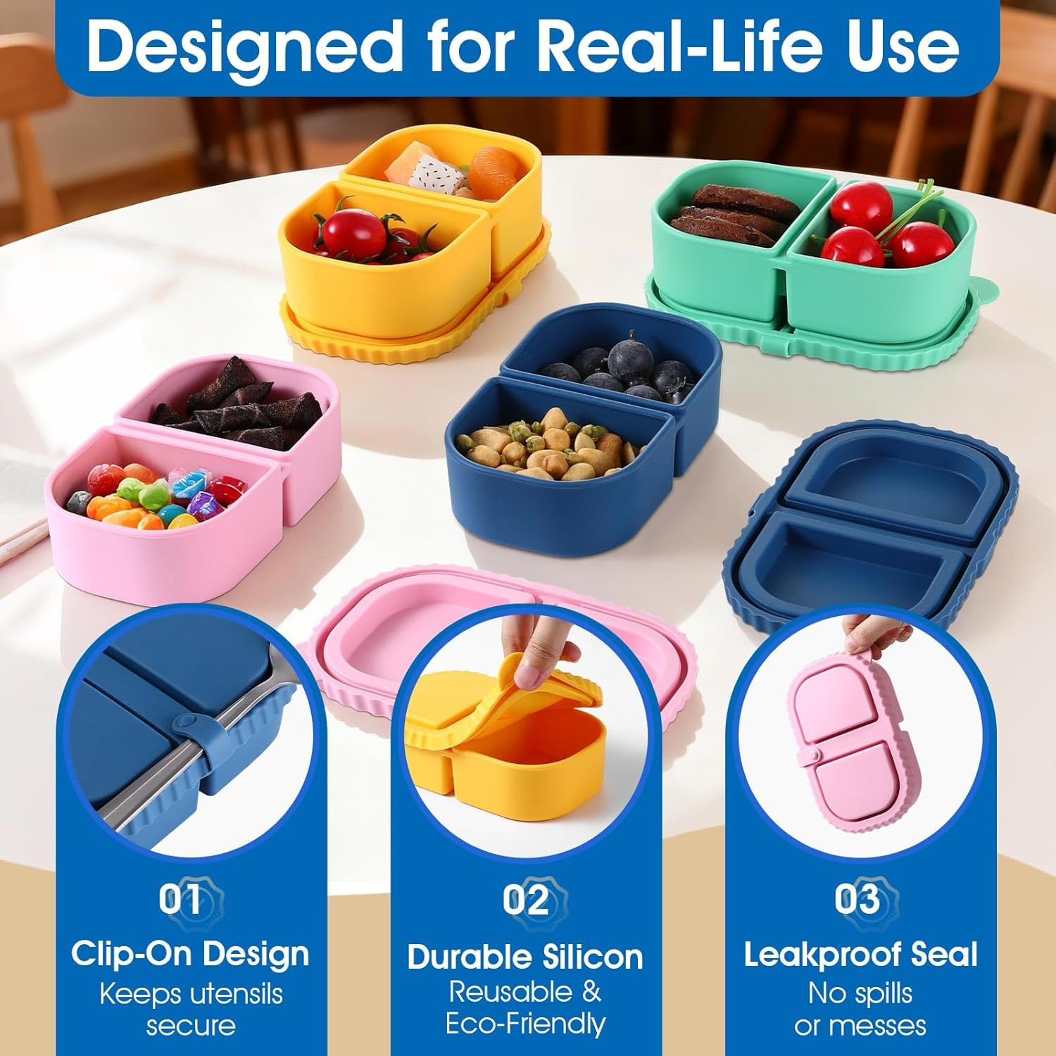 4 Pack Silicone Reusable Snack Containers with Lids – Double Compartment Snackle