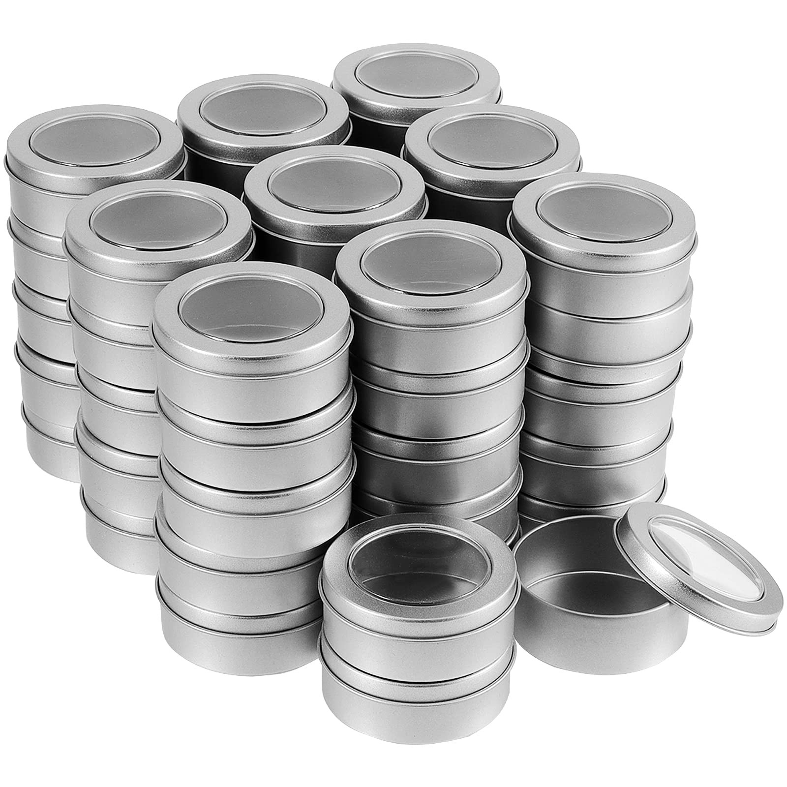 SHEUTSAN 48 Pack 2 OZ Metal Tins Cans, Round Empty Container Cans with Clear …