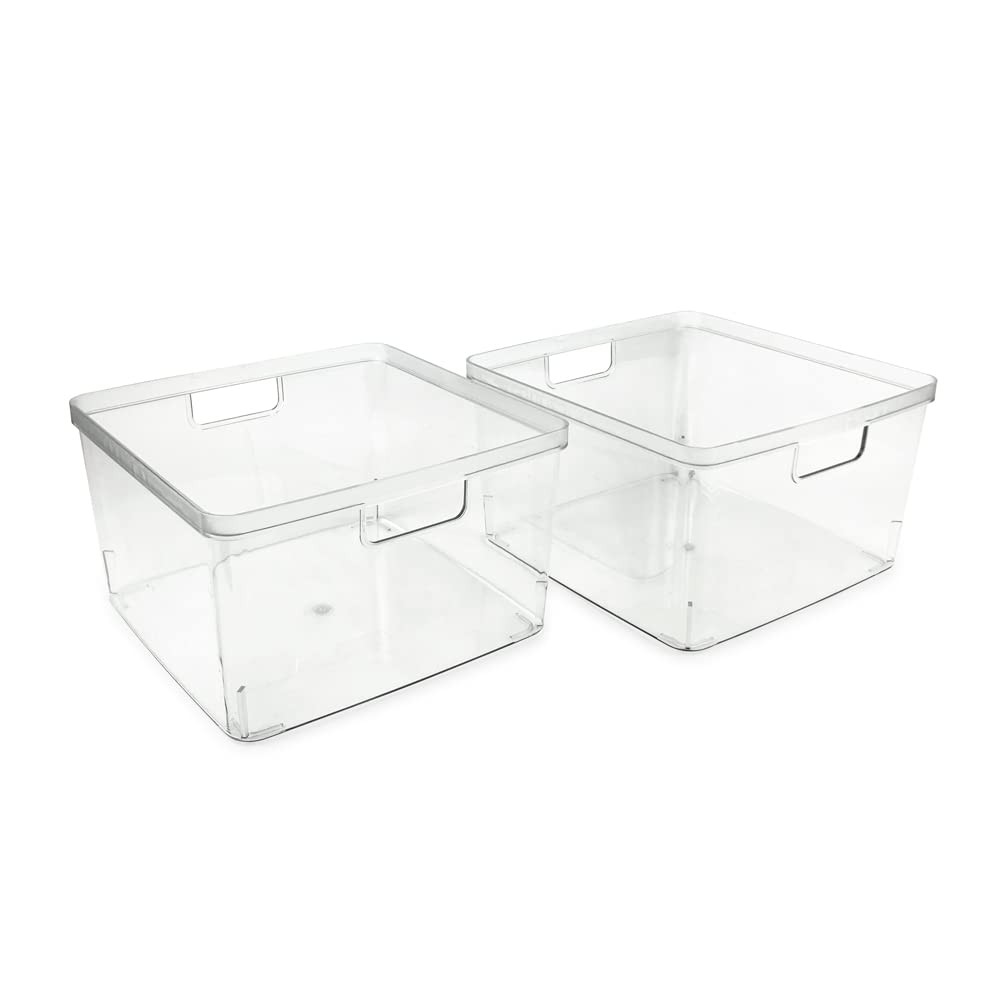 Isaac Jacobs 2 Pack Square Clear Storage Bins (10” L x 10” W x 6.1” H) w/Cutout