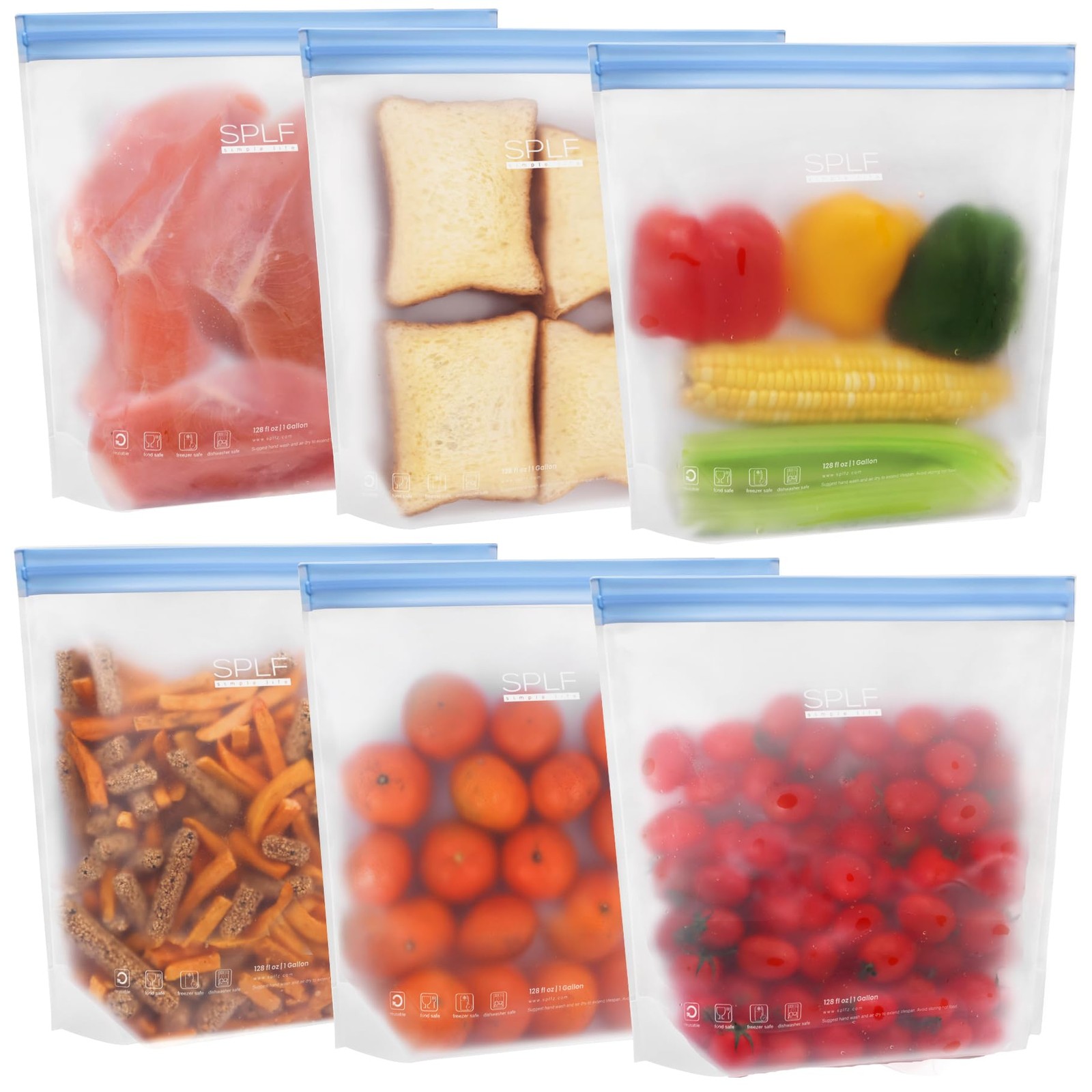 6 Pack Stand-Up Reusable Gallon Freezer Bags Dishwasher Safe, Extra Thick 1 G…