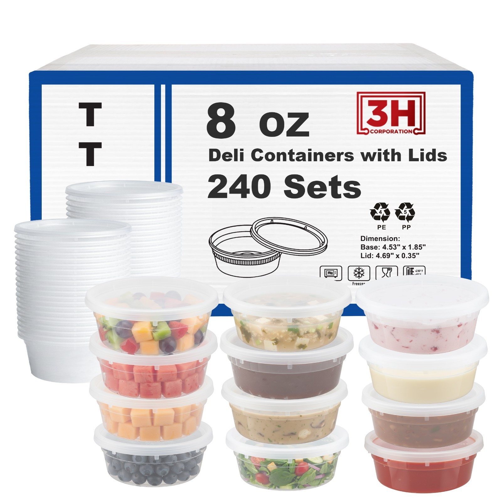 3H 8 oz Food Storage Containers with Lids (240 Set) Deli Containers with lids