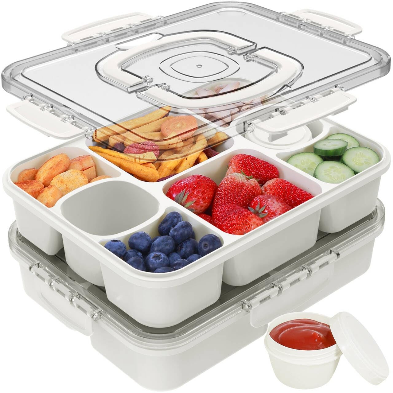 2 Pack Snackle Container with 2 Sauce Cups – Large 8-Compartment Divided Serv…