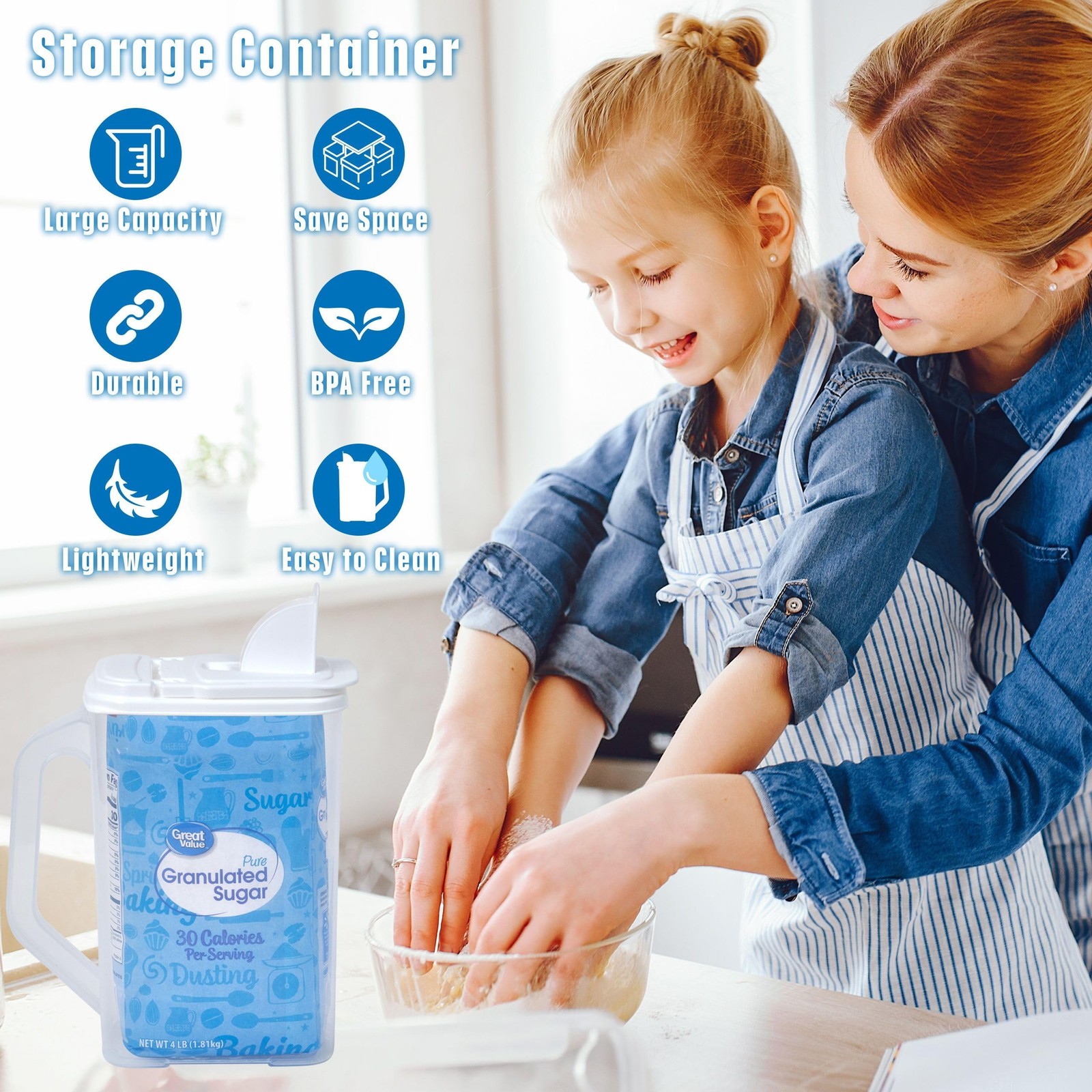 Buddeez Kitchen Pantry Container – Easy Grip Handle for Mess 4 QT, White Lid