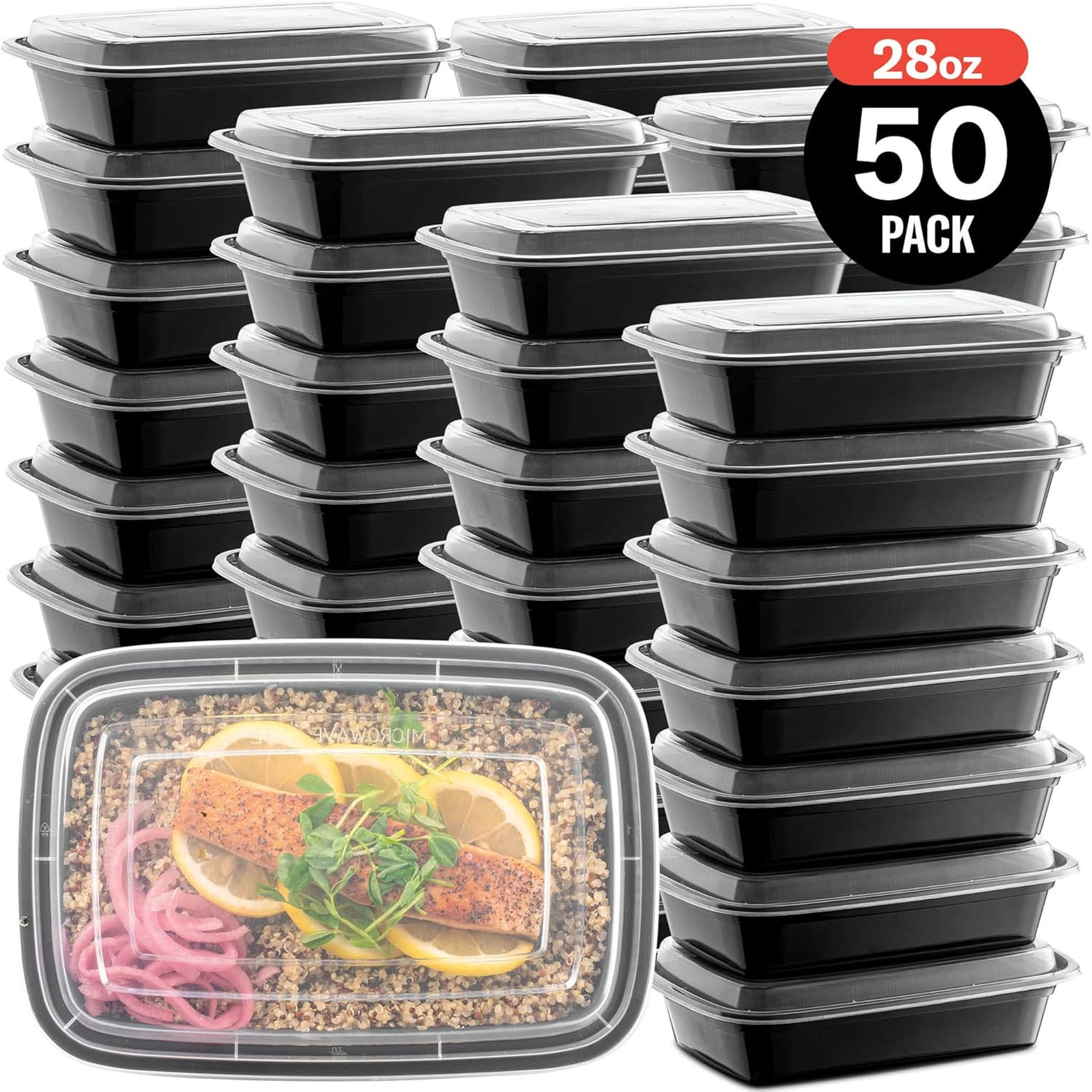 50-Pack Reusable Food Storage Containers with Lids Microwave Safe 28 oz Plastic