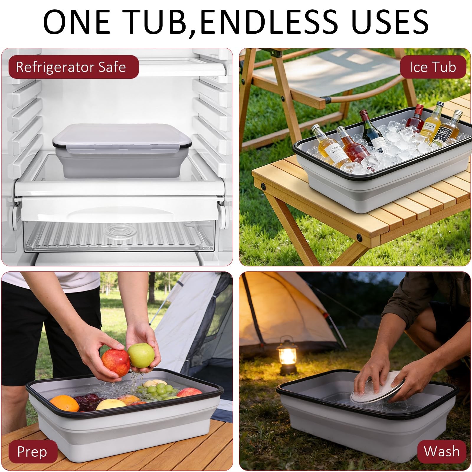 Silicone Collapsible BBQ Prep Tub with Lid, 10L/338oz/2.64Gal, XXXL Large Foo…