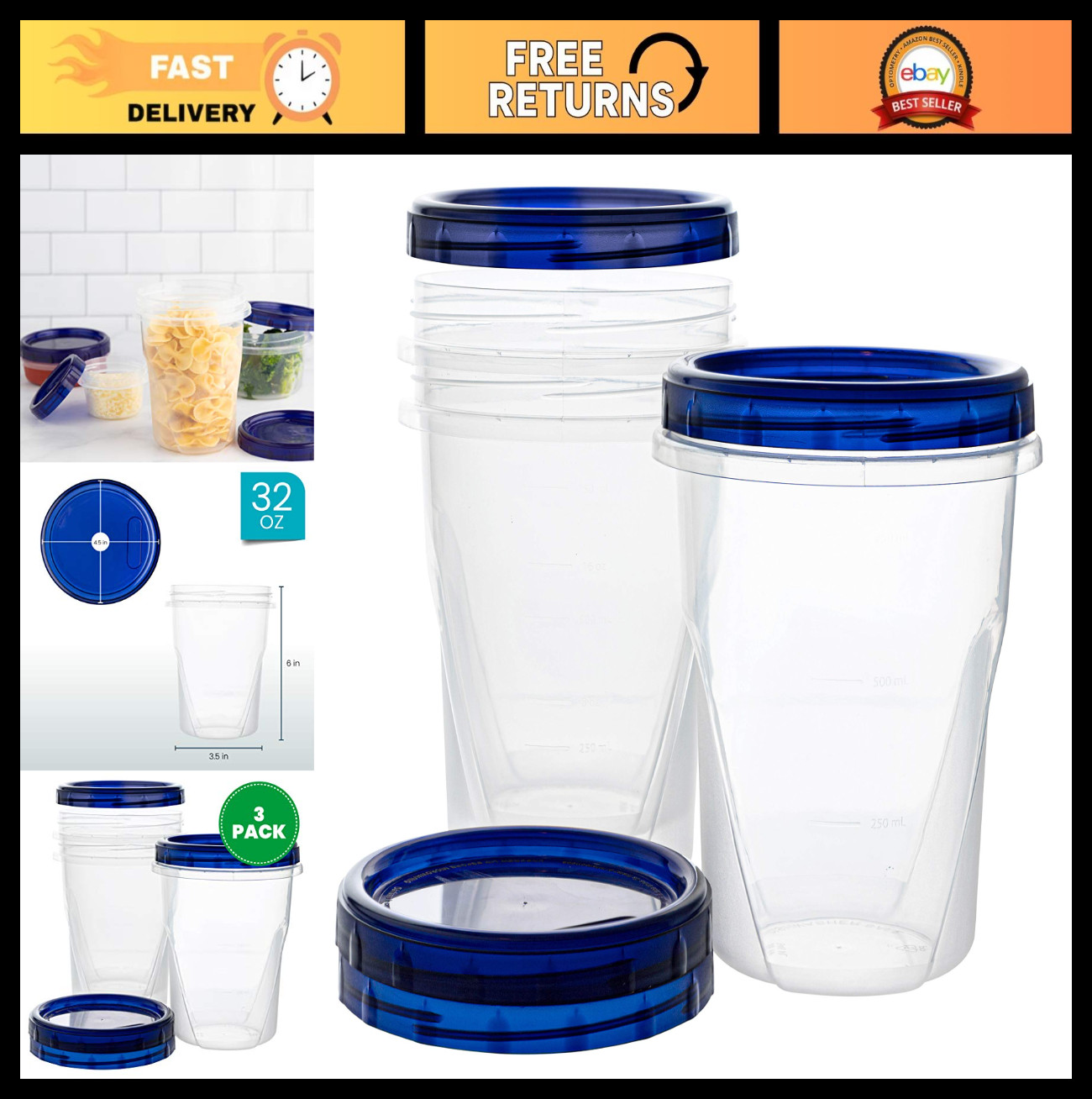 32 oz Twist Top Deli Containers – 3 Pack, Clear Bottom, Blue Lids, Reusable, Sta
