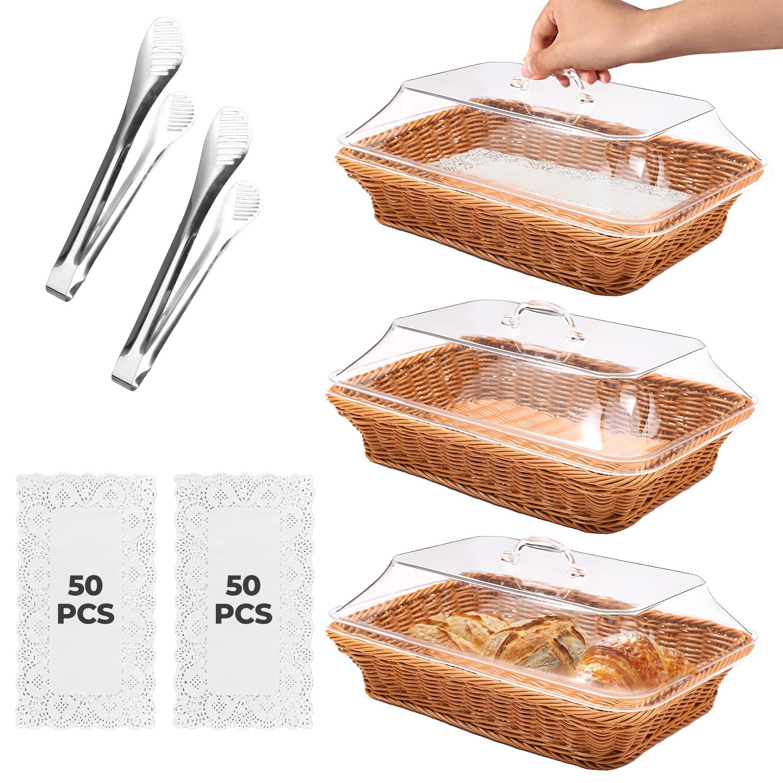 Rattan Bread Baskets, 3 Pack, rectangular Woven Baskets with Acrylic Lids, 13…