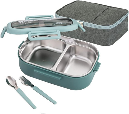 Lille Home 28oz Stainless Steel Leakproof 2-Compartment Bento Lunch Green