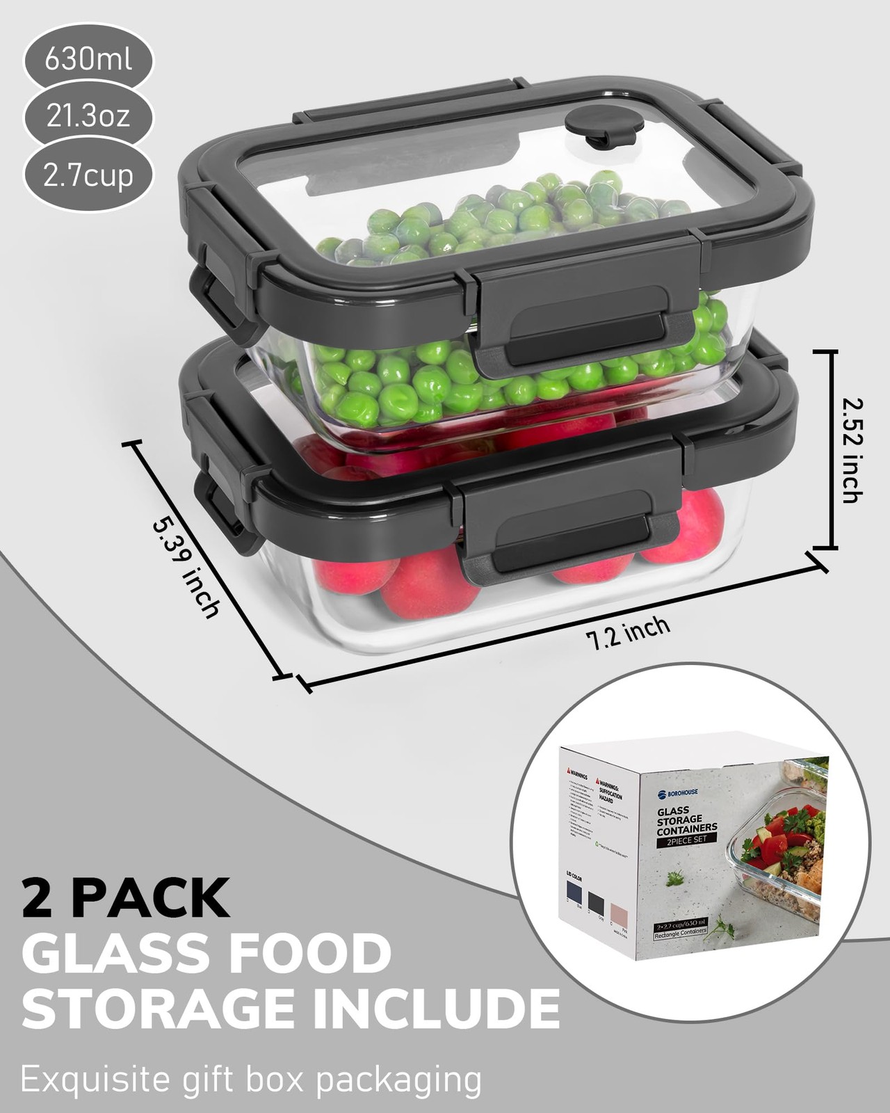 2-Pack Glass Food Storage Containers with Tempered Lids (630ml/2.7cup) – Airt…