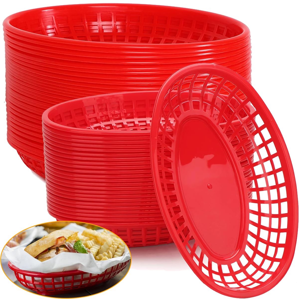 50 Pack Oval Plastic Fast Food Baskets 9×5.7 Inch Red Reusable Serving