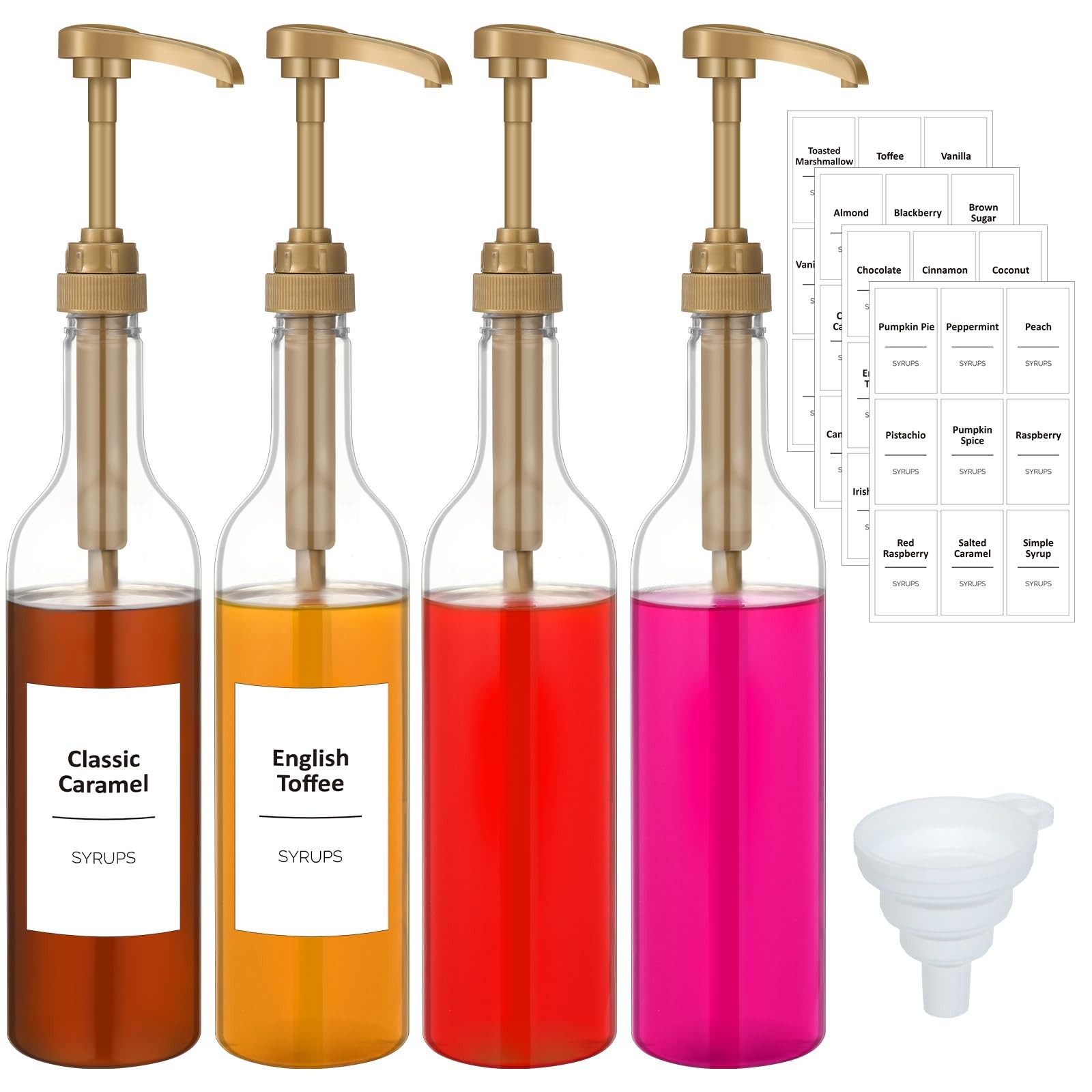 4 PCS 25.4oz Gold Coffee Syrup Dispenser Pump Bottles with Labels Funnel