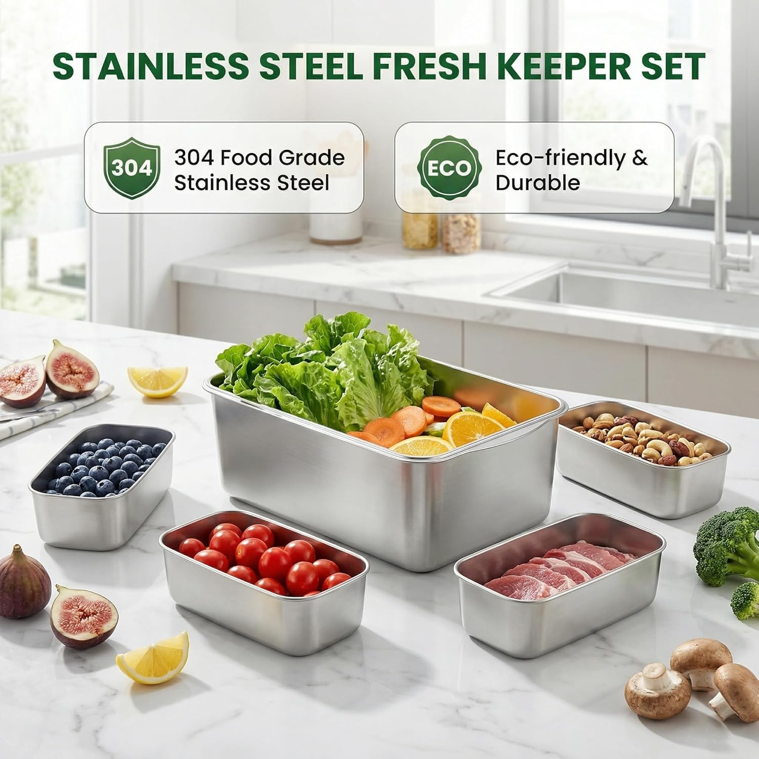 Extra Large 304 Stainless Steel Food Storage with 6 Divided Compartments & Indiv