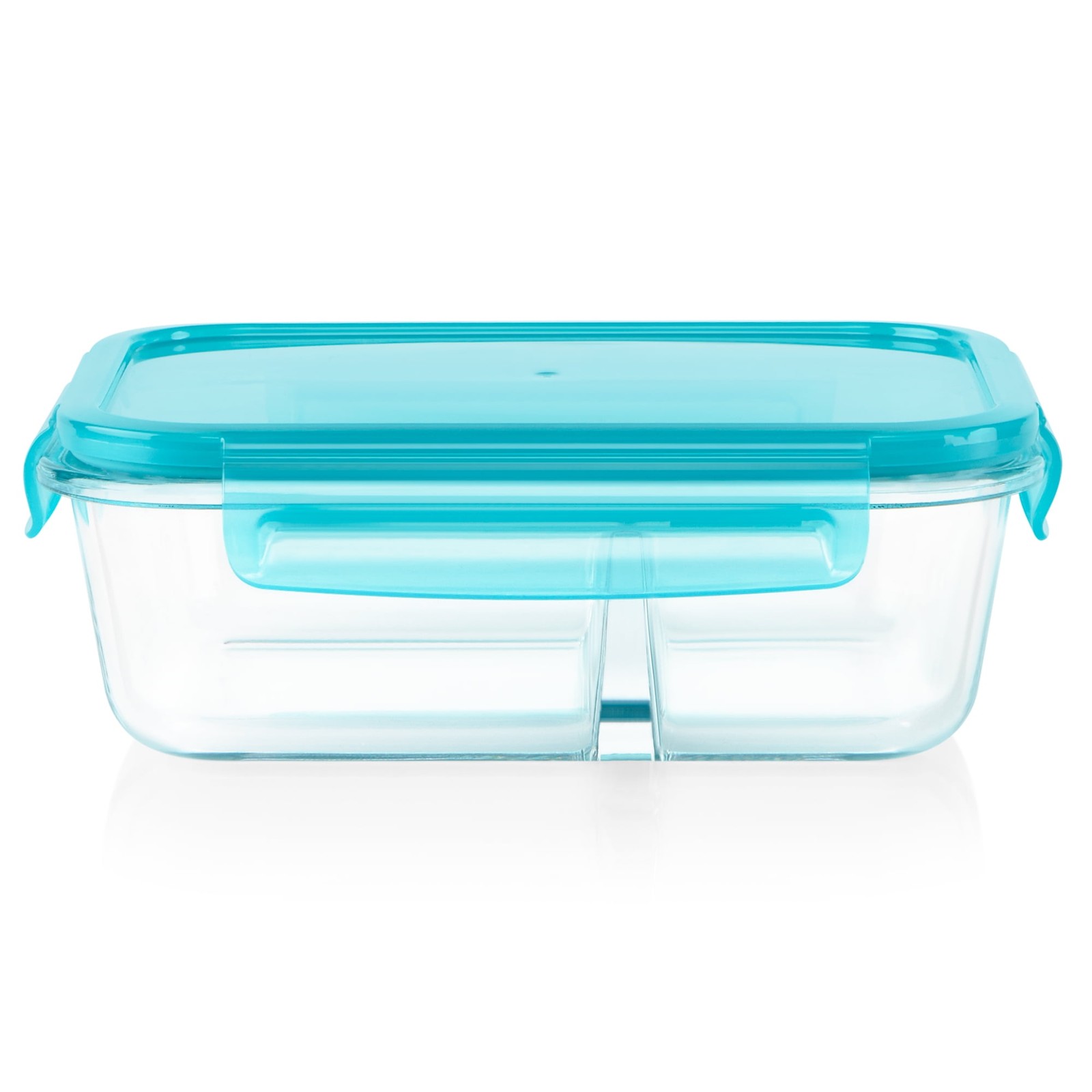 (2 pack) MealBox 4-cup Divided Glass Food Storage Container with Turquoise Lid