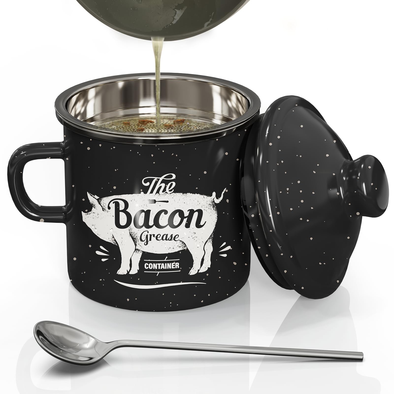 Mini Bacon Grease Container With Strainer – 15OZ Enamel Grease Saver, Farmhou…