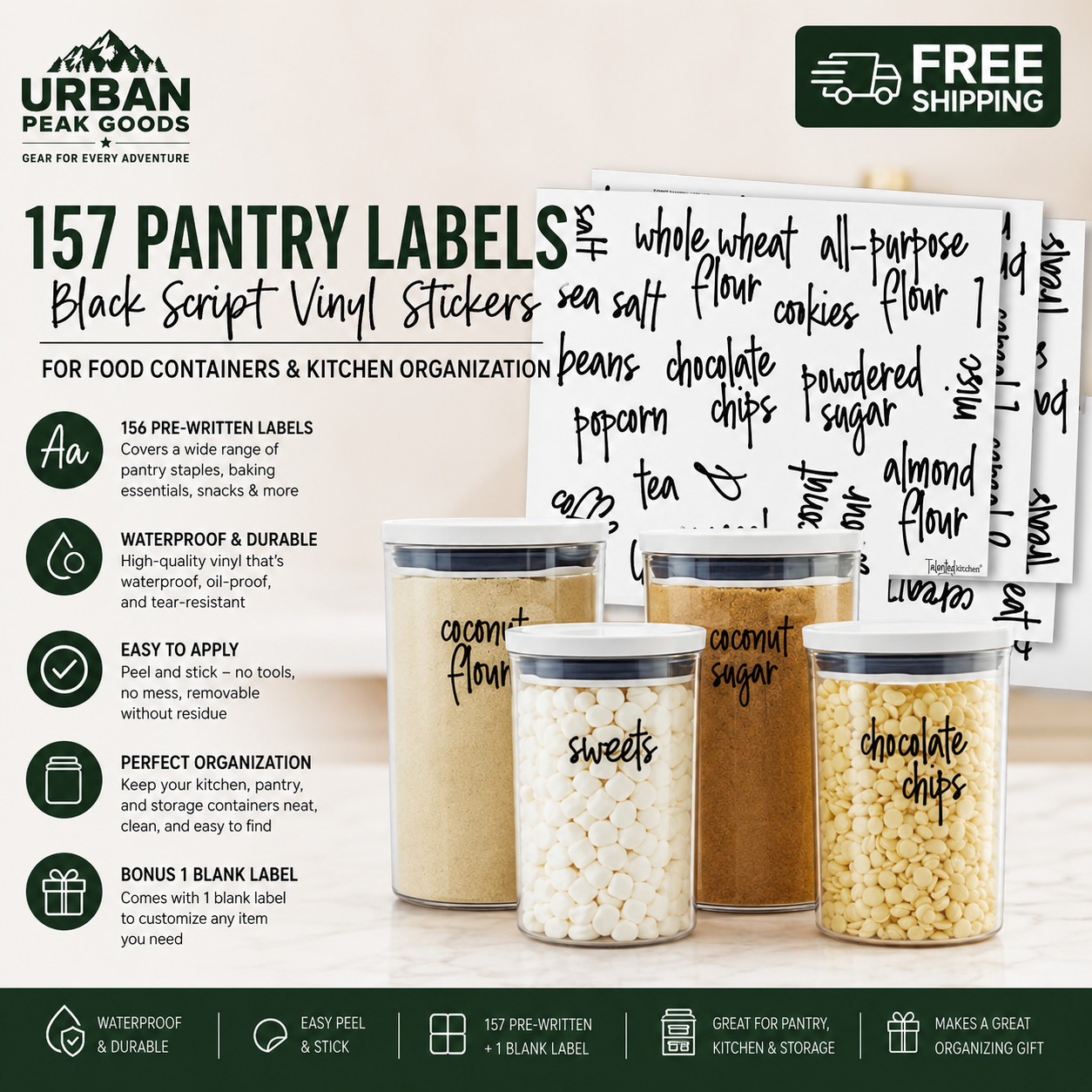 157 Pantry Labels for Food Containers Black Script Vinyl Kitchen Storage Sticker