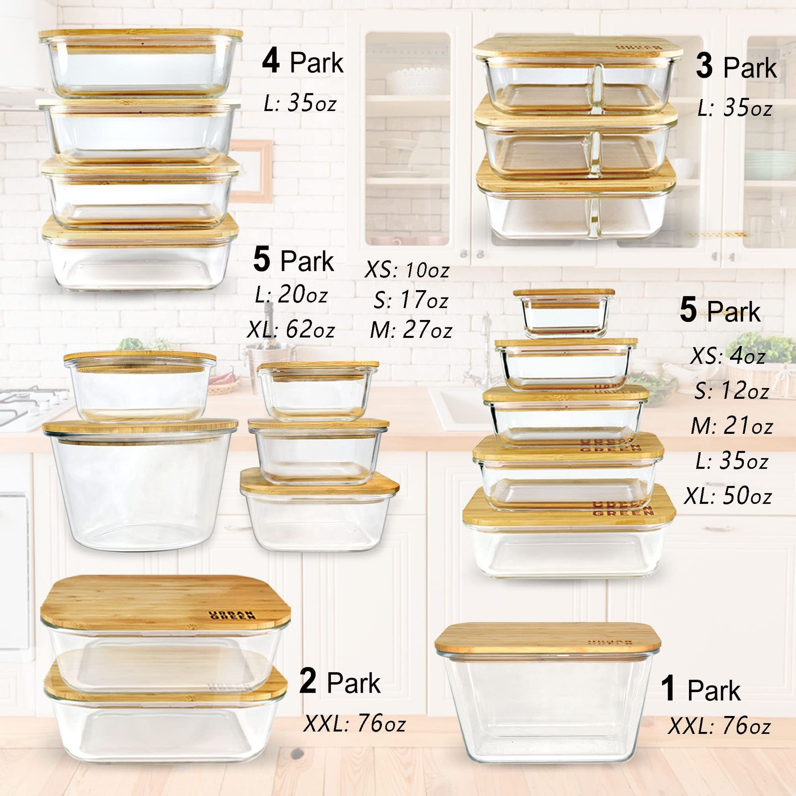 Urban Green Glass Containers with Bamboo Lids, Meal Prep Glass Food storage C…