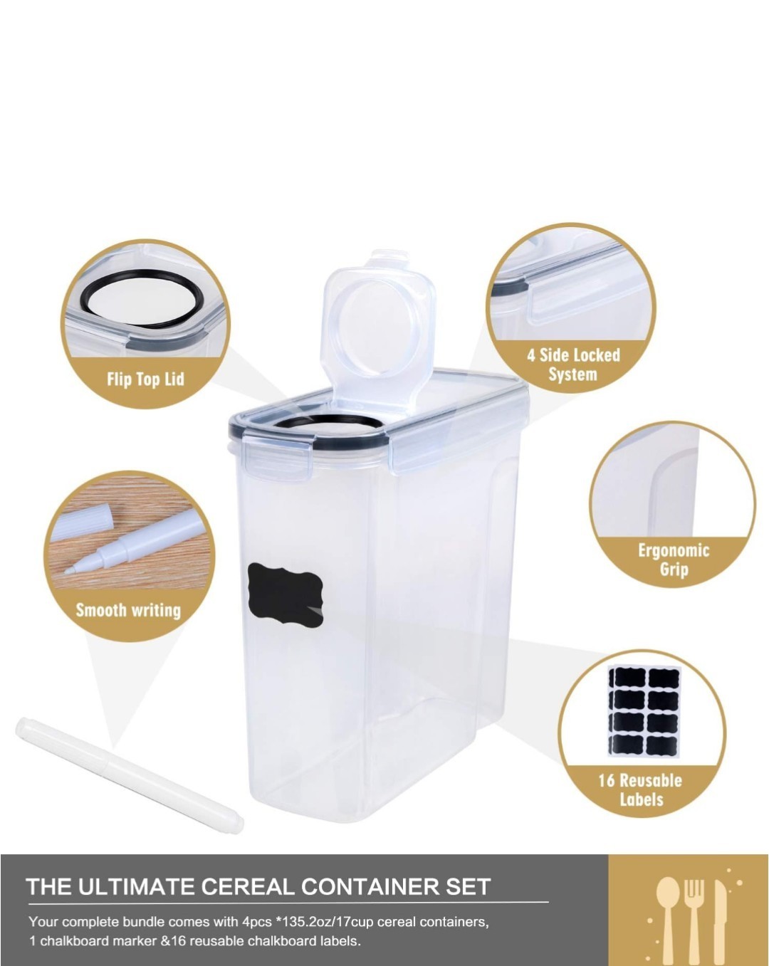 4 Pack Airtight Food Storage Containers BPA Free Pantry Organizer Size L