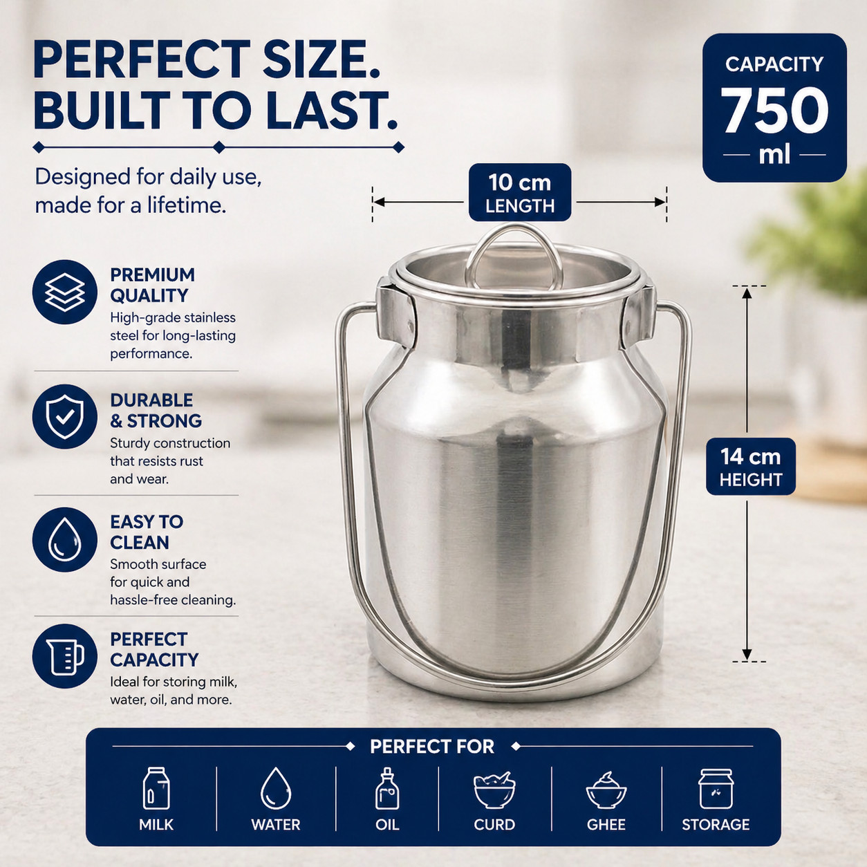 Stainless Steel Milk Can 750ml with Lid Handle 14cm Height Storage Container