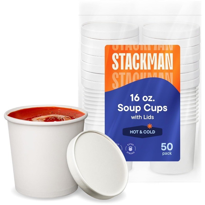 [16 oz. 50 Sets] Paper Food Container W/ Lid Insulated Food Cups W/ Vented Lids