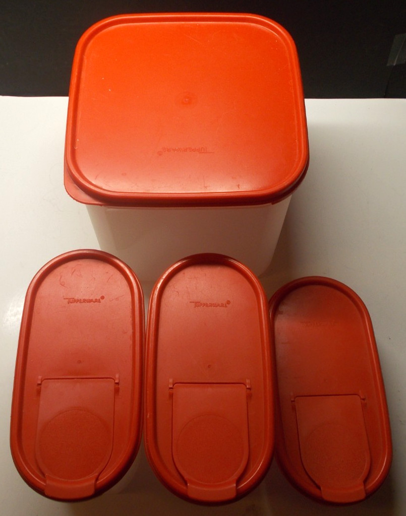 4 Vintage Tupperware Modular Mates 1521 1612 1611 Sheer with Red Pour Spout Lids