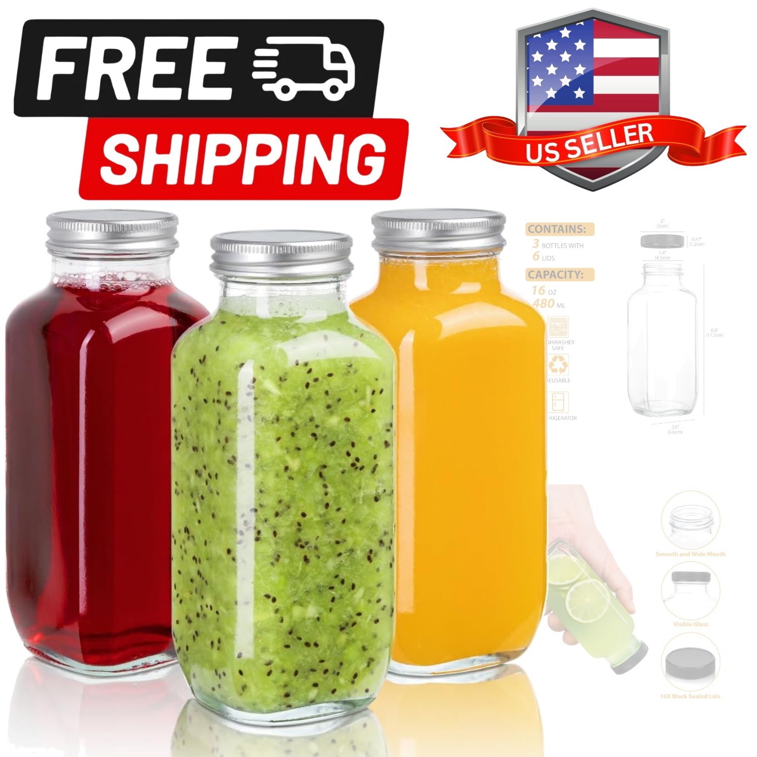 Juice Bottles with Lids, 16 Oz – Set of 3 – Clear Glass Jars with Caps – Reus…