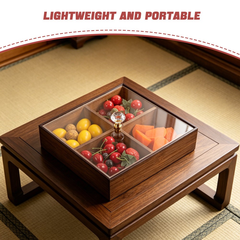 Rustic Bamboo Snack Serving Tray with 4 Compartments and Acrylic Lid