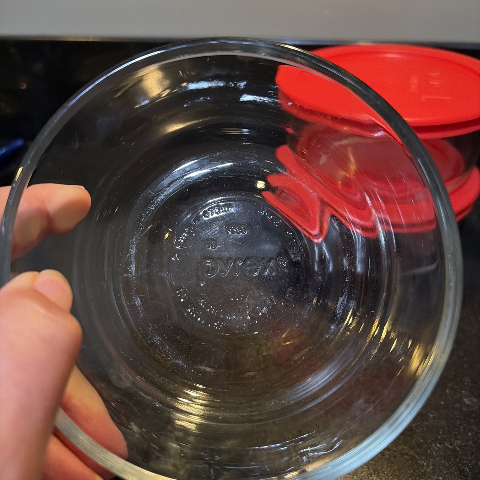 Set of 3 PYREX 7200 Clear 2 Cup Bowls Round Glass Storage with Red Lids READ