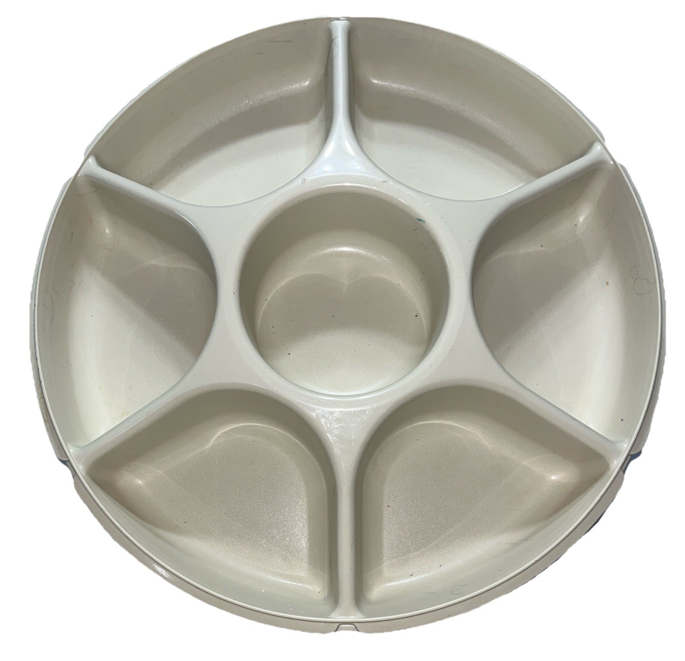 Vintage Tupperware 6 Section Snack Serving Tray Almond Lazy Susan Dip Center