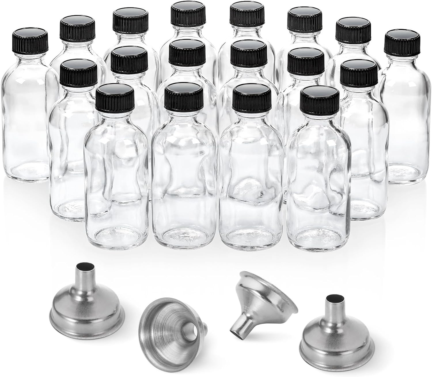Pack de 18 Botellas de Vidrio de 2 Oz para Jugos Pociones Liquidos con Embudos