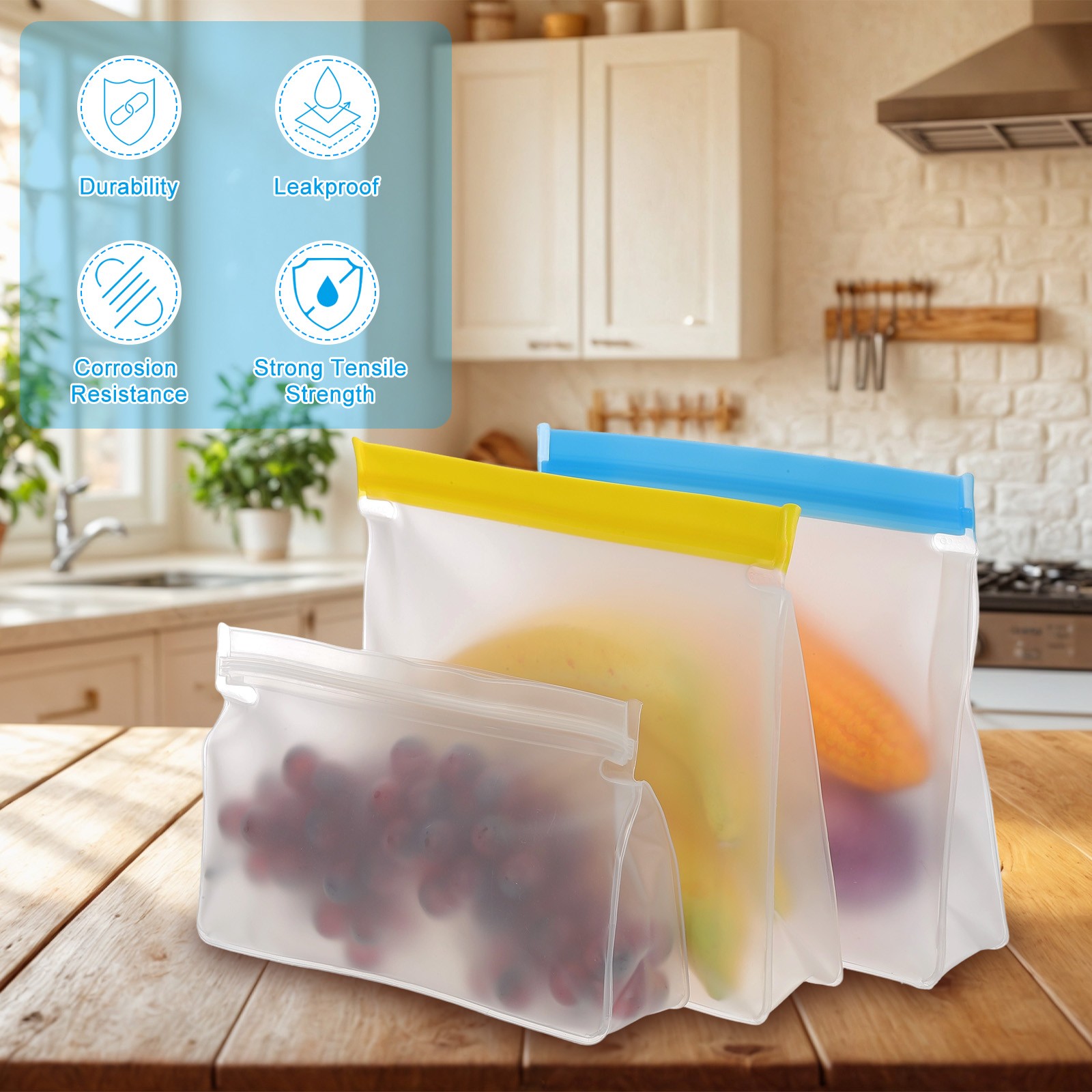 8.7″x2″x5.3″ Reusable Freezer Bag, 2 Pcs Leakproof Zip Bags, Blue