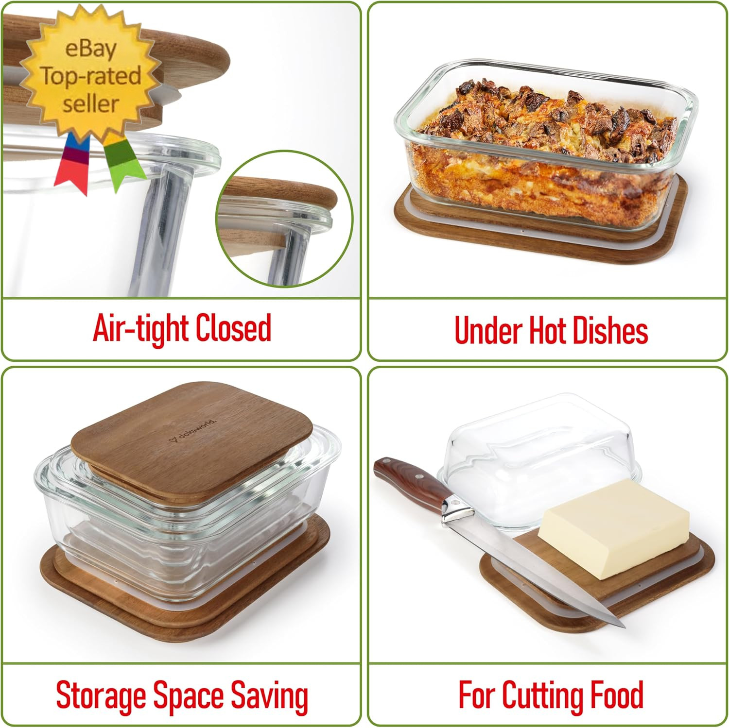 Glass Container Set with Acacia Lids – 4 Stackable Meal Prep Containers. Durable