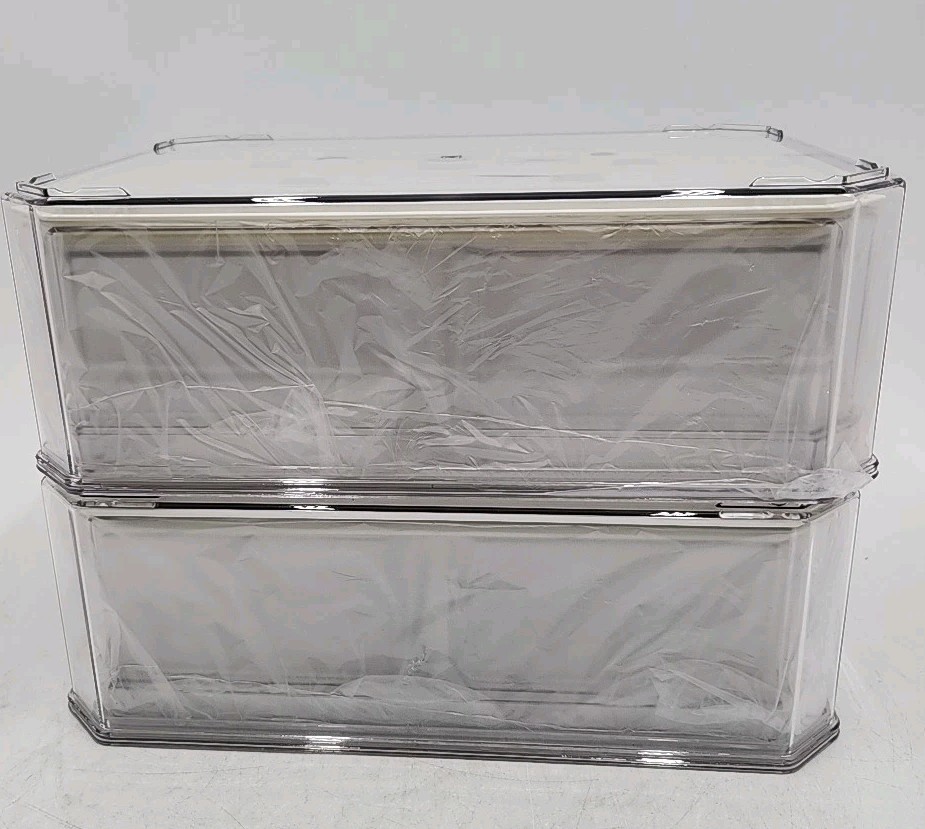 NEW 7-Pack Stackable Refrigerator Storage Bins w/Lids & Drains. Clear. Lot of 2