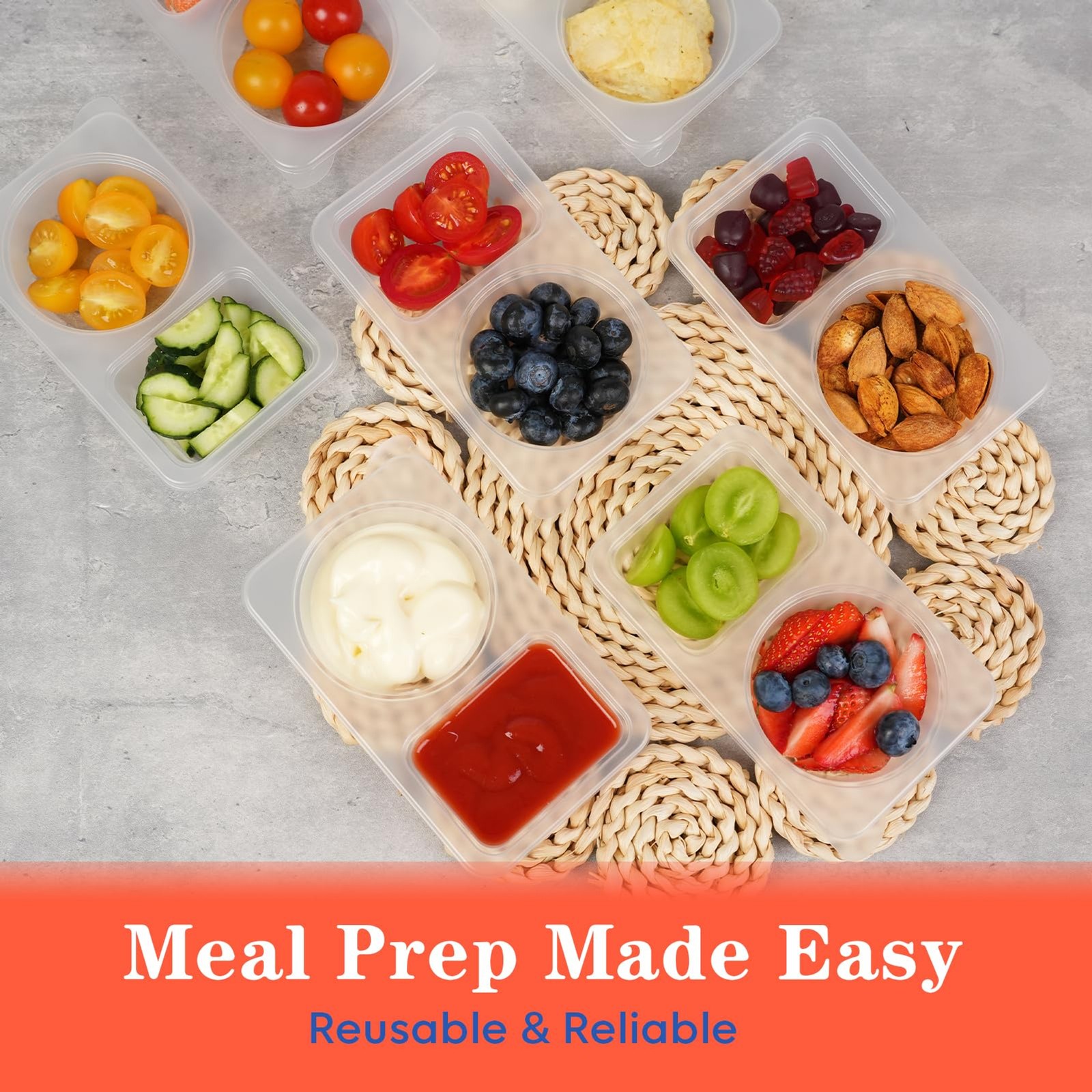 20 Sets Reusable Snack Containers 2 Compartment Leakproof Food Storage Meal Prep