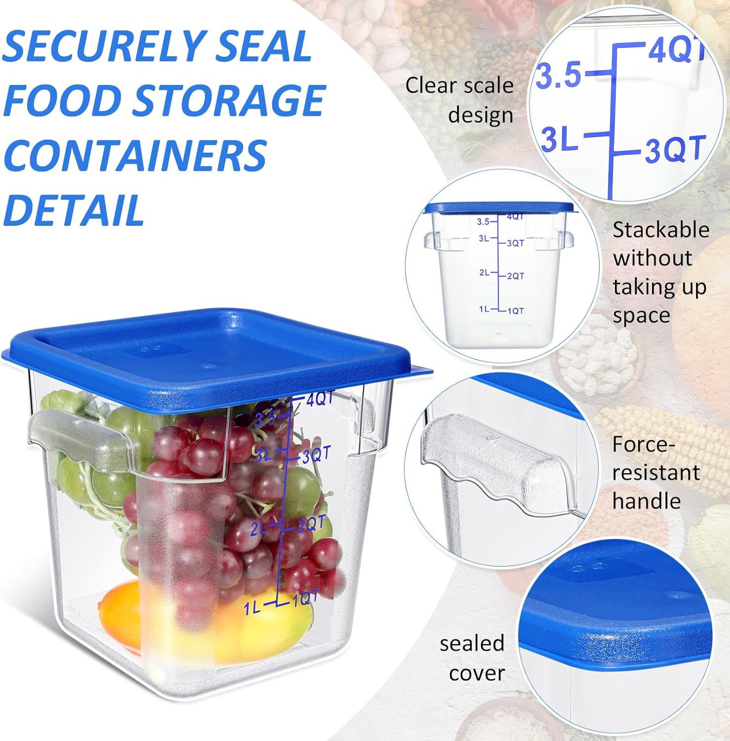 12 Pcs 4 Qt Commercial Food Storage Containers with Lids Restaurant Square Airti