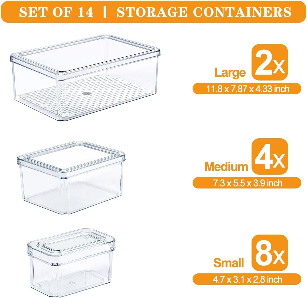 14 Pack Fridge Organizer Stackable Refrigerator Organizer Bins W/ Lids PBA-Free