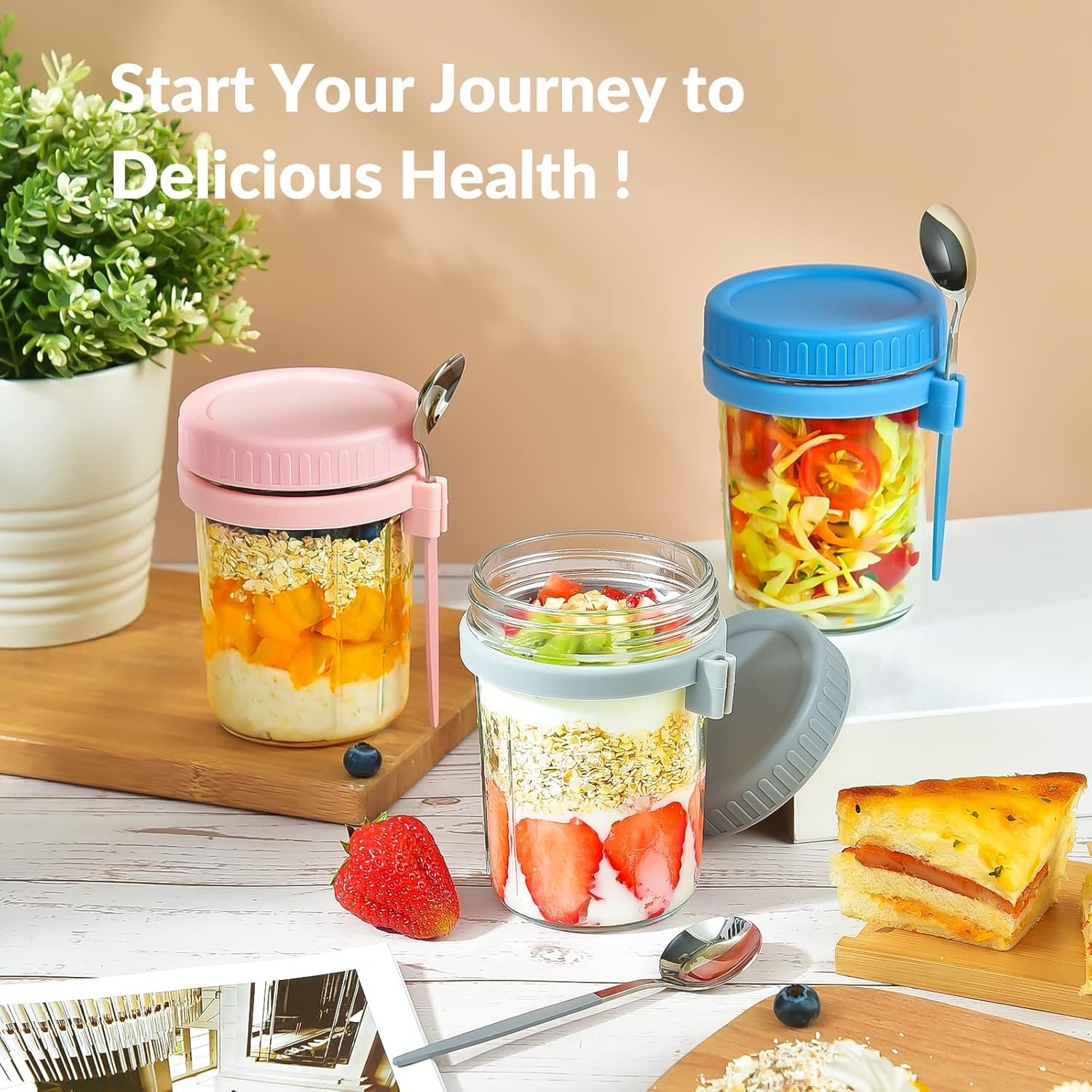 4 Pack Overnight Oats Containers with Lids and Spoons – DRKIO 16 Oz Glass Mason