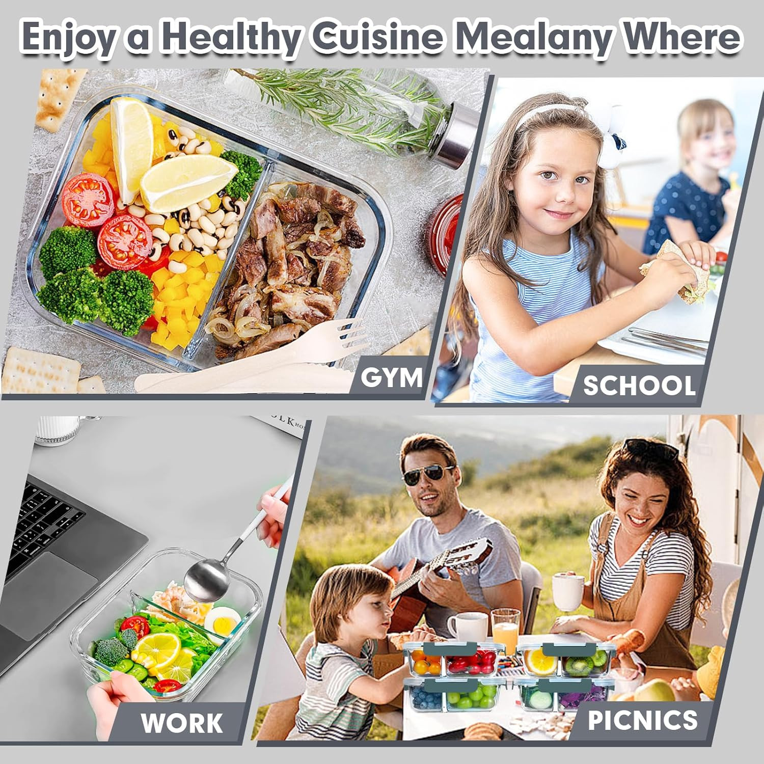 VERONES 5 Pack Glass Meal Prep Containers 2 Compartment Set, 36OZ Airtight Glass