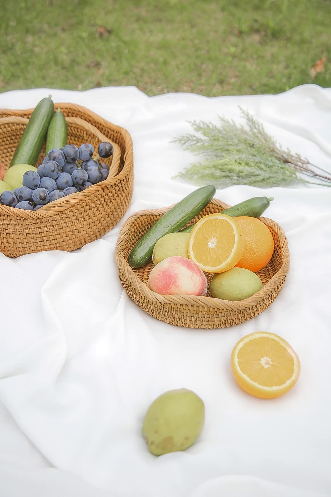 Handmade Rattan Bread Baskets Round Wicker Fruit Serving Storage Bowls, Natur…