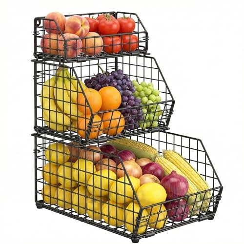 3-Tier Fruit Basket for Kitchen Counter, Stackable Wire Baskets Wall, Potato and
