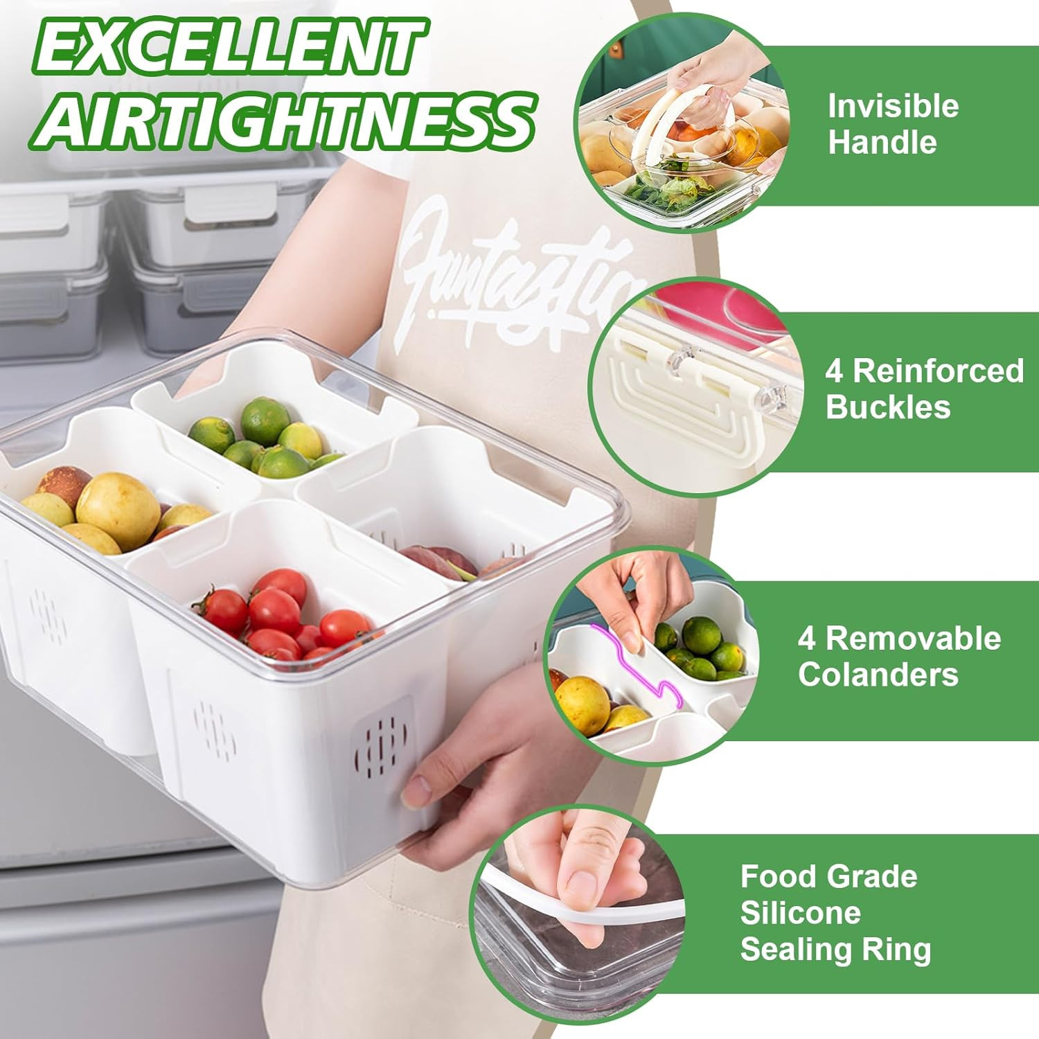 Fruit Storage Containers for Fridge with Lid and Handle, Portable Fresh Produce