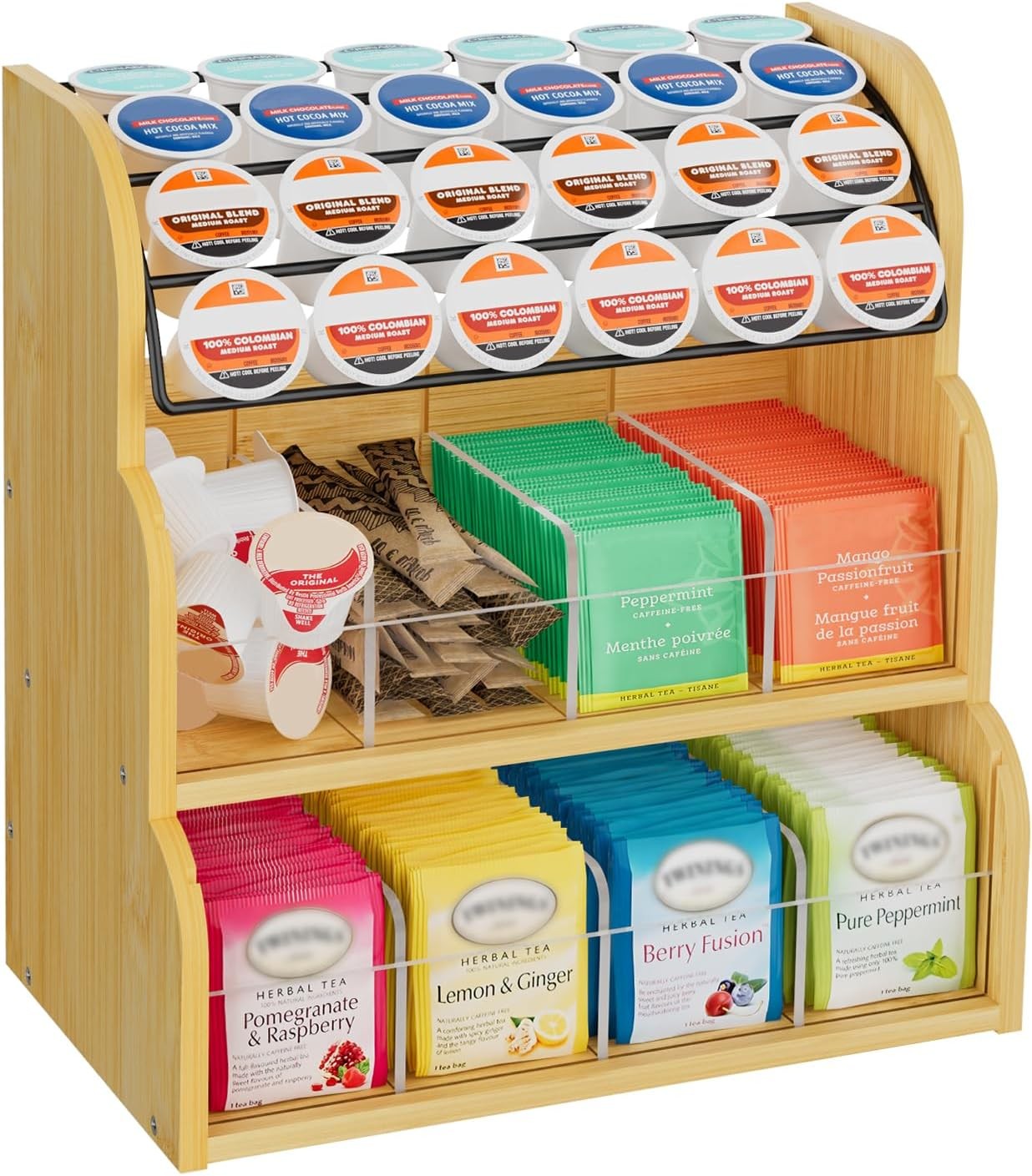 Bamboo Tea Bag and Coffee Holder Organizer for Cabinet Counter Office, 3 Tier
