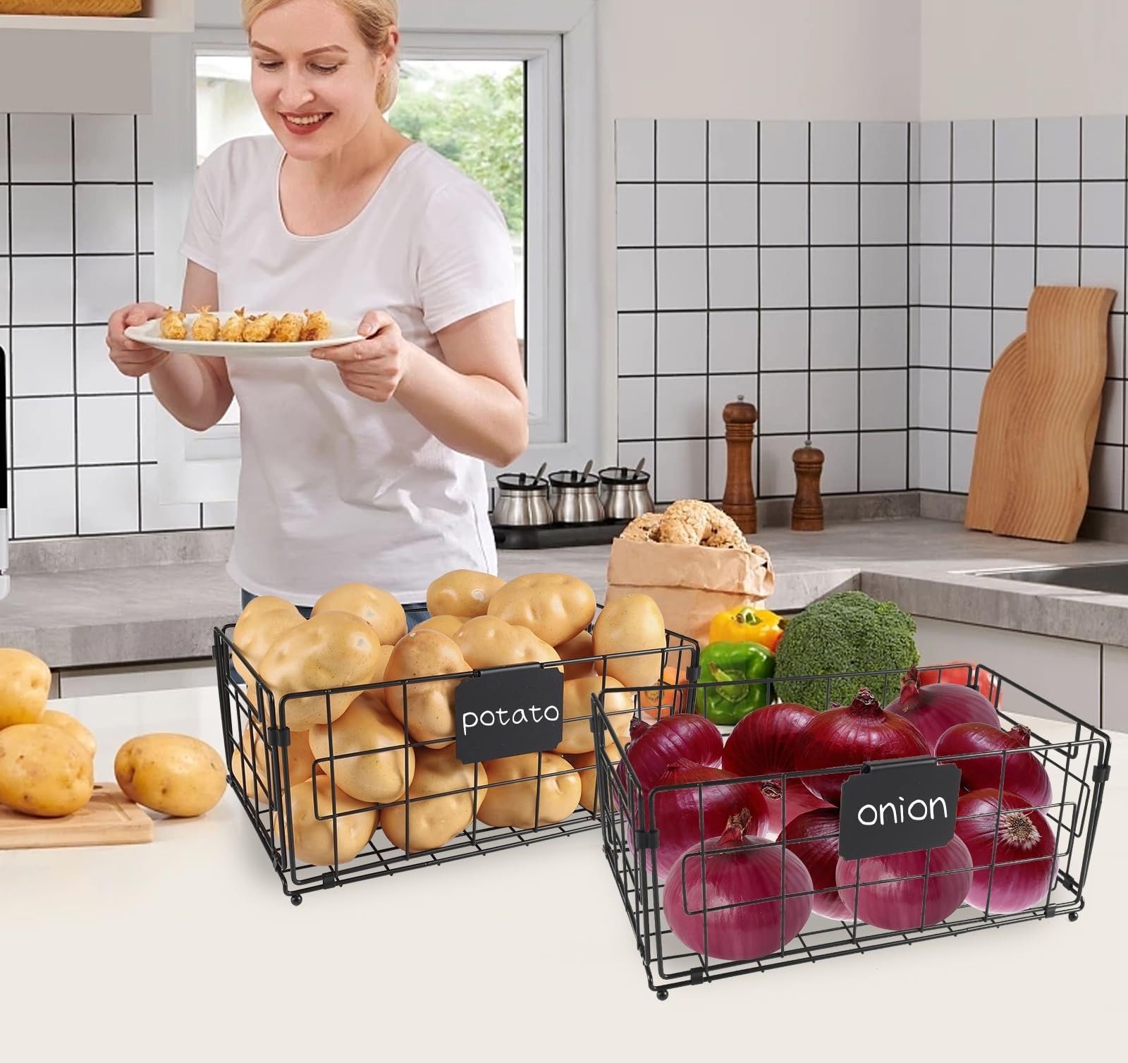 2 Set Foldable Wire Basket Pantry Organizers and Storage,Fruit and Vegetable …