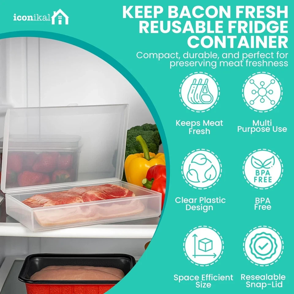 Iconikal Bacon Saver Deli Meat Storage Container 1-Lb Capacity 11X6.5-Inch Snap-