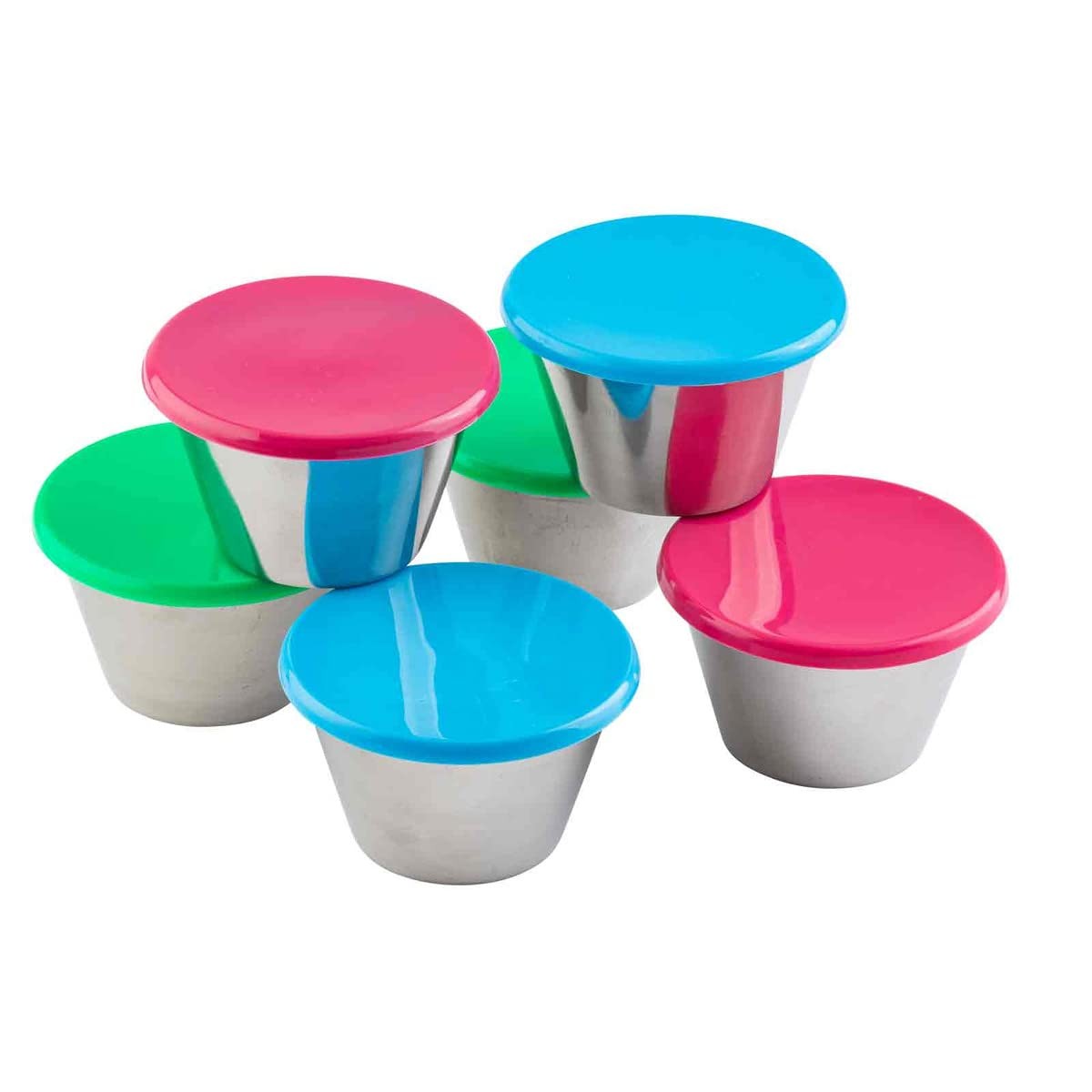 5 Oz Round Stainless Steel Ramekins Pack Of 6 With Assorted Color Lids