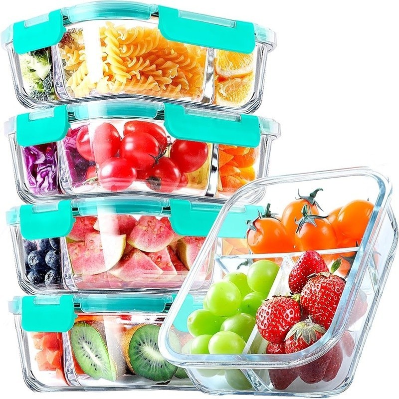 High Quality Glass Meal Prep Containers 3 Compartment Airtight Lunch Box Set New