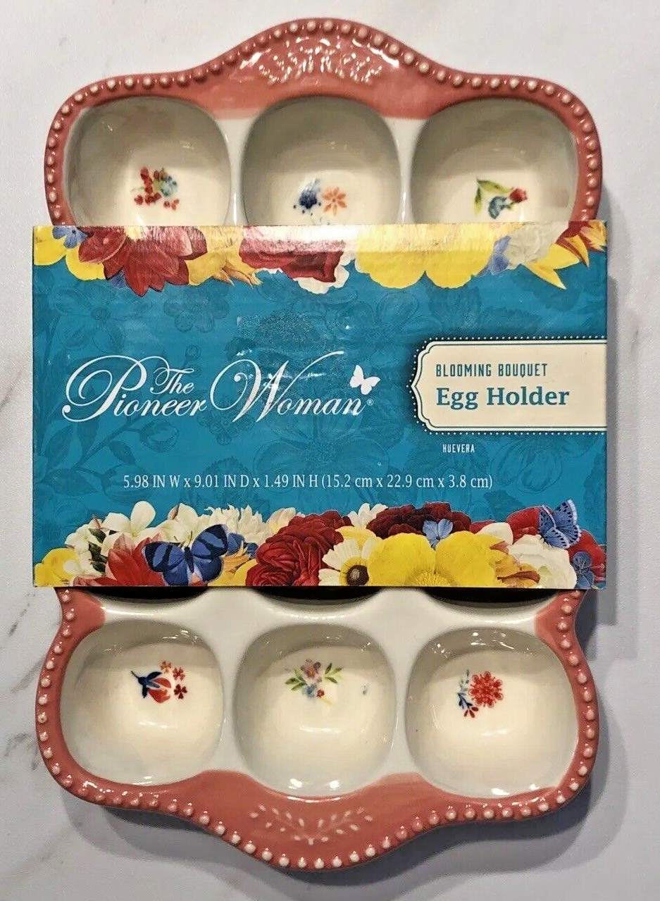 Pioneer Woman Blooming Bouquet Stoneware Egg Holder Coral Flowers Holds 12 Eggs