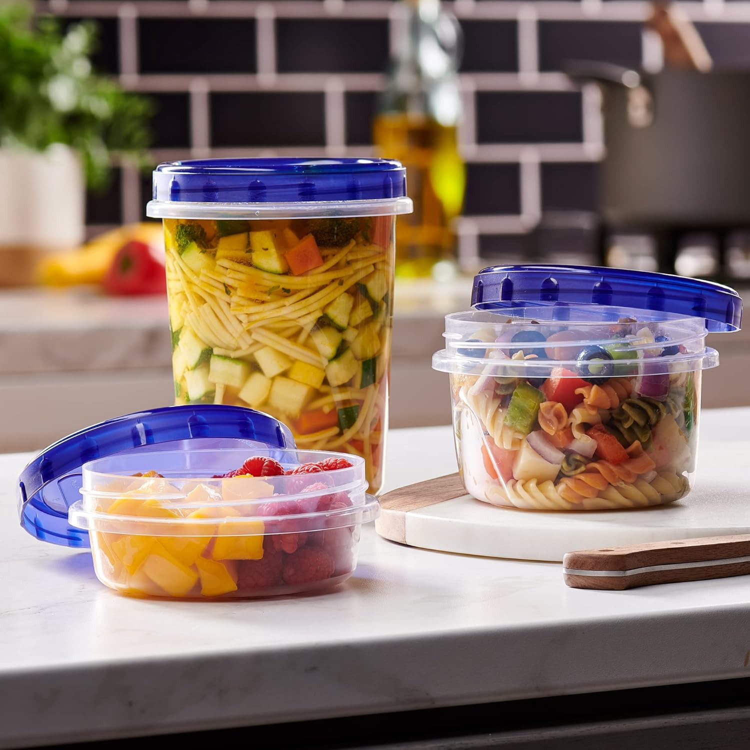 6 Pack Twist Cap Food Storage Containers with Blue Screw on Lid- 32 oz Reusable