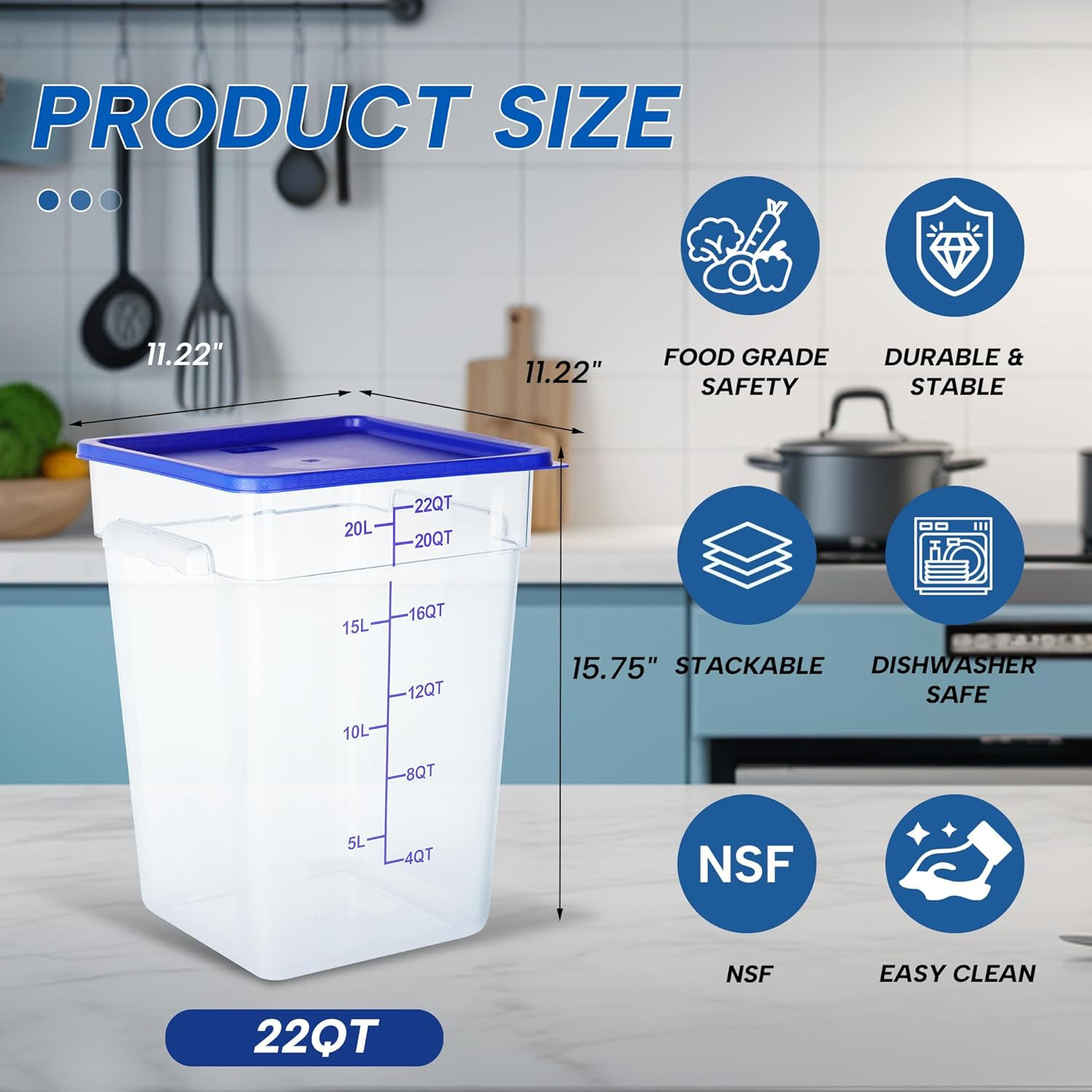 4 Pack 22 Quart Food Storage Containers with Lids, Polycarbonate Square Commerci