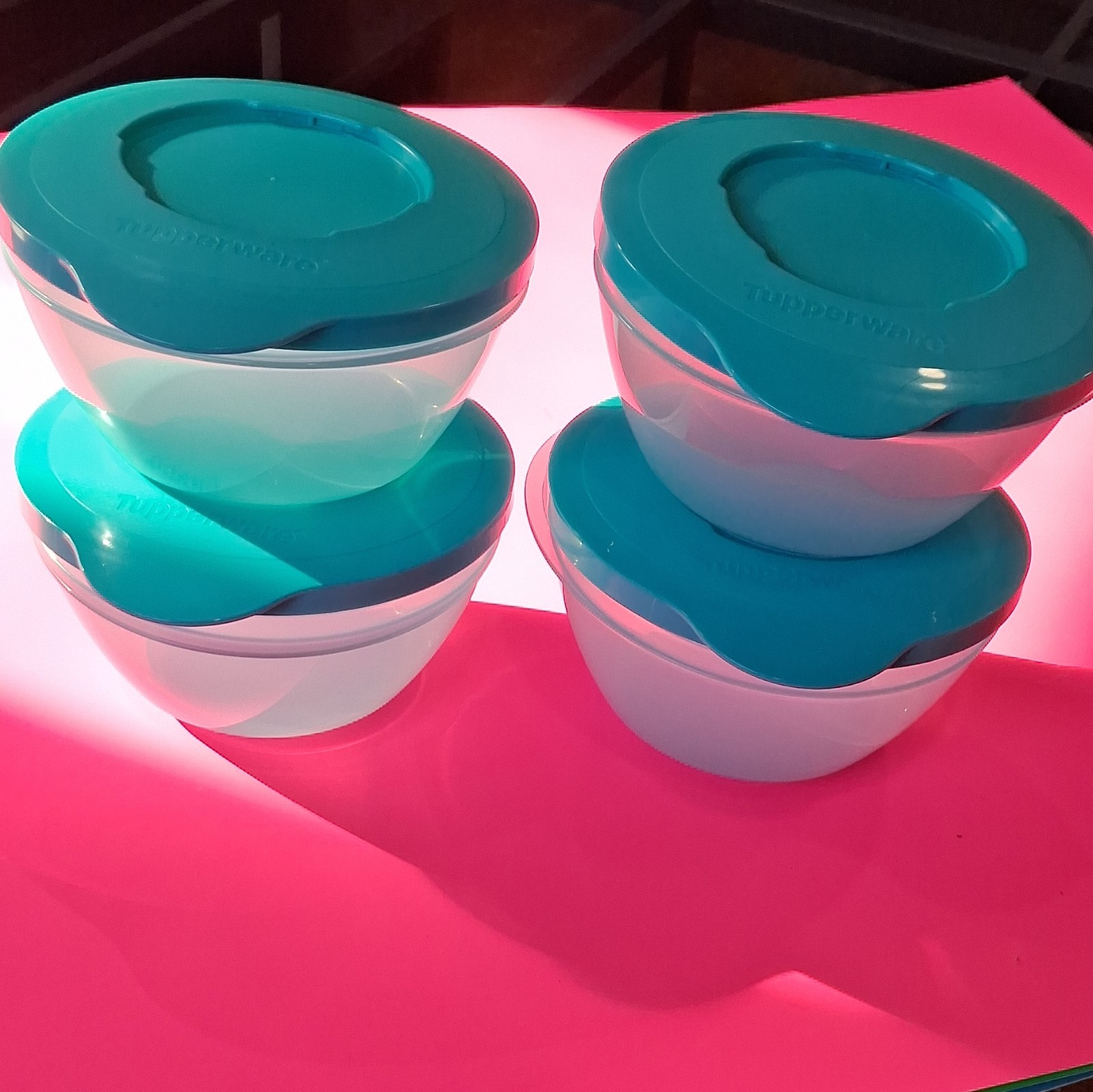 Tupperware Stack Store Serve Bowl Blue Of 4 W/Blue Lids 14 Oz Bowls Stackable