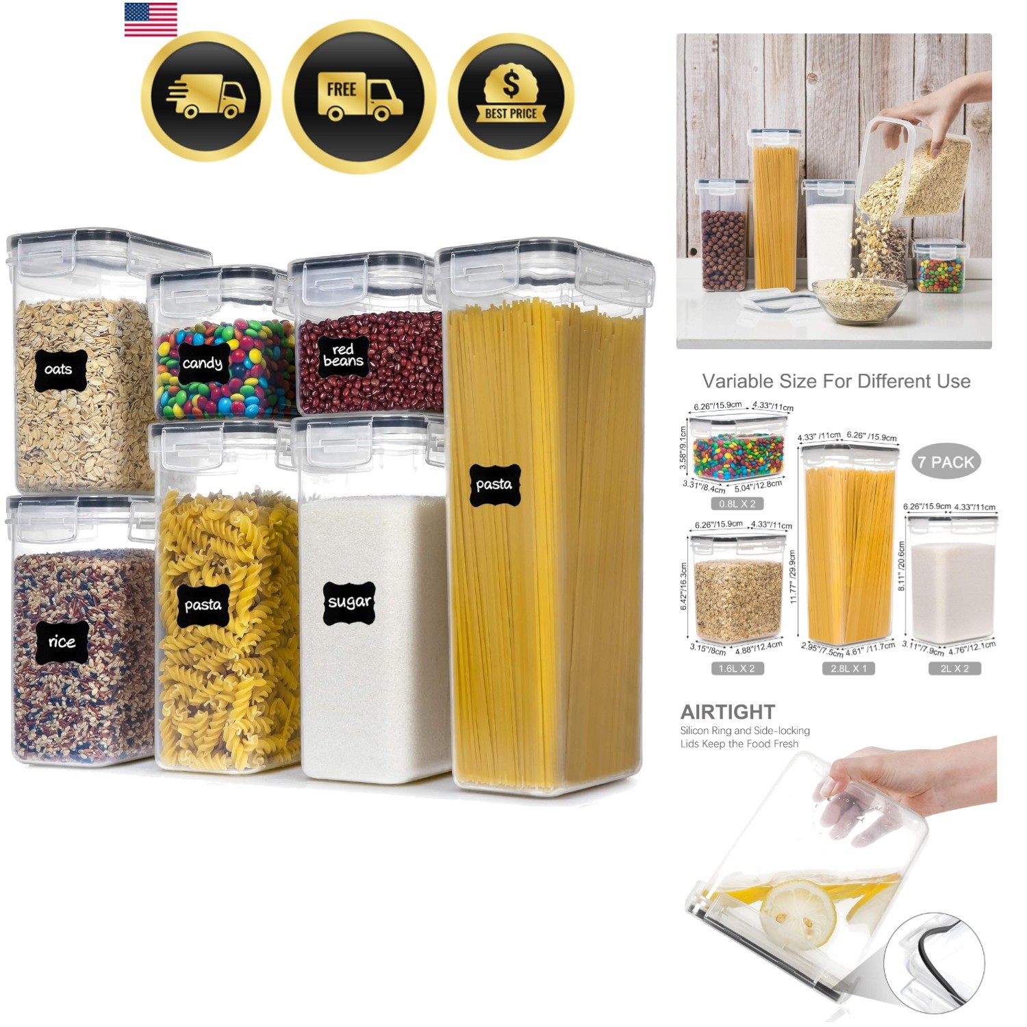 Airtight Food Storage Containers Set 7pcs BPA Free Kitchen Canisters Pack